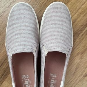 Women’s light pink and white stripped double decker Keds.